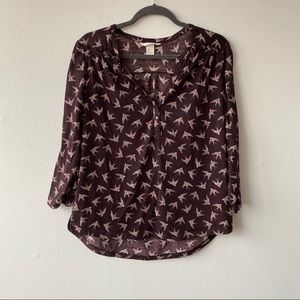 H&M Split Neck Top Blouse Maroon with Bird Print